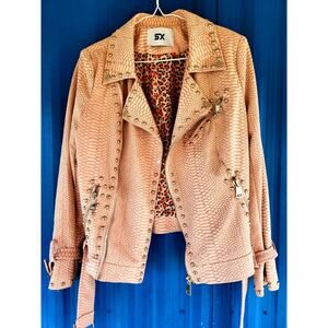 SX Studded Moto Jacket Beige Faux Leather Leopard Lined Womens Medium *READ DESC